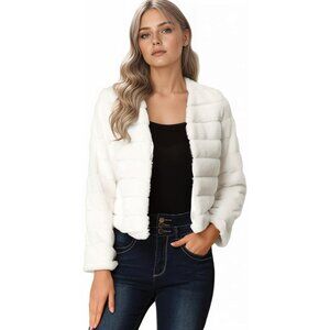 Women's Faux Fur Coat Long Sleeve Cropped Fluffy Jacket Collarless Casual Winter